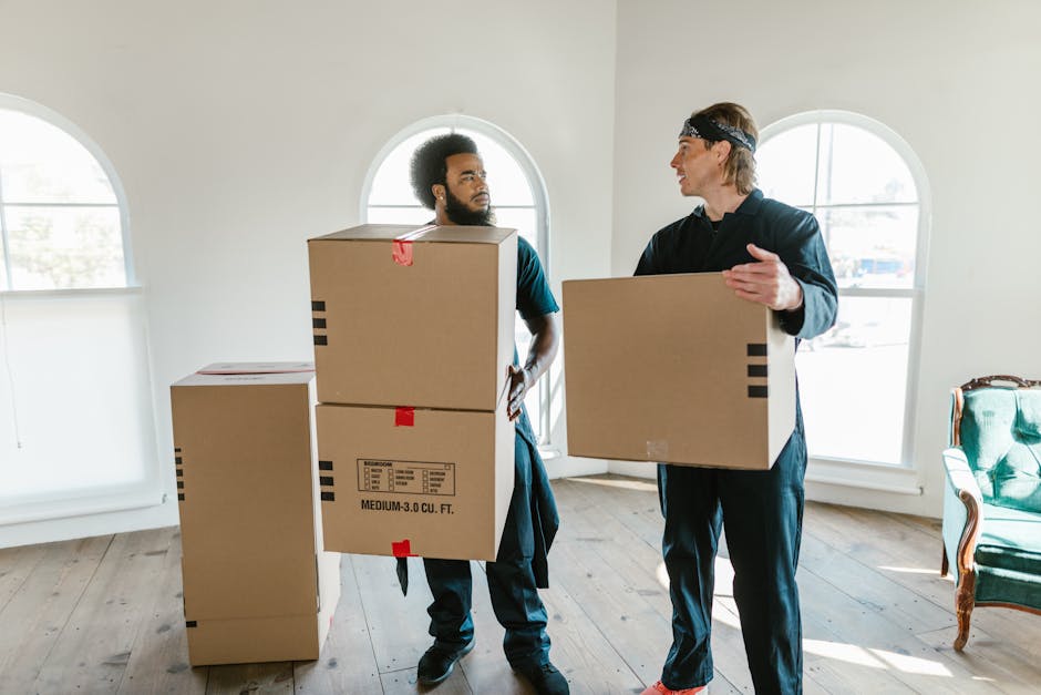 Two professional movers inside a well-lit room with white walls and large arched windows, engaged in a home relocation process. One mover, with curly hair and a beard, is holding two stacked cardboard